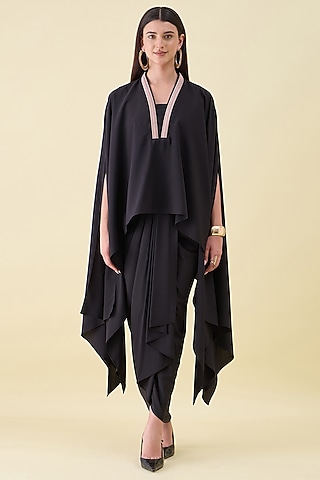 Black Moss Crepe Embellished Kaftan Set by Aakaar