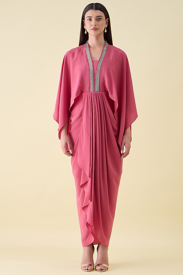 Pink Silk Crepe Embellished Draped Summer Dress by Aakaar at Pernia's Pop Up Shop