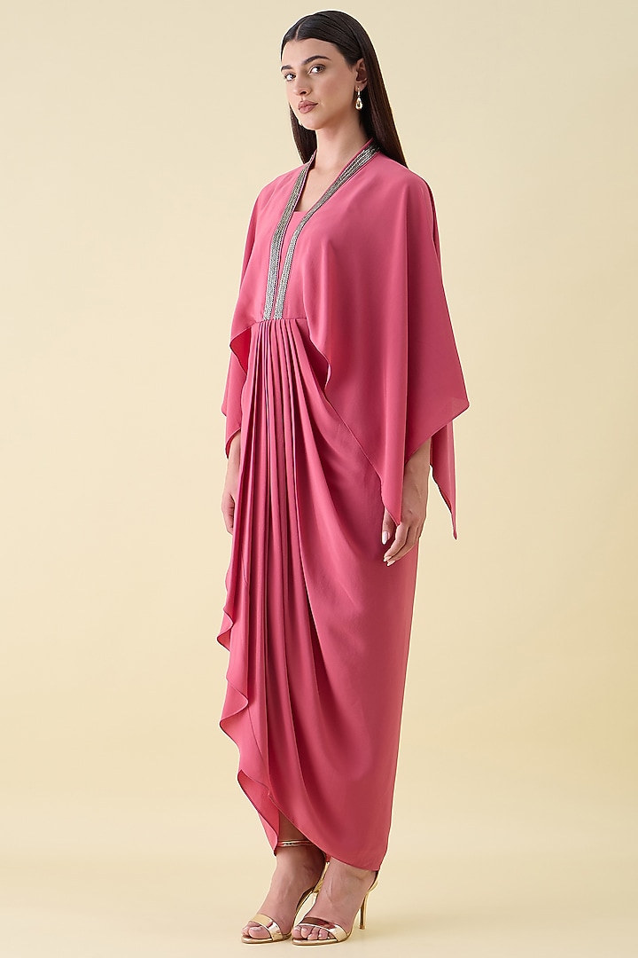Pink Silk Crepe Embellished Draped Summer Dress by Aakaar at Pernia's Pop Up Shop