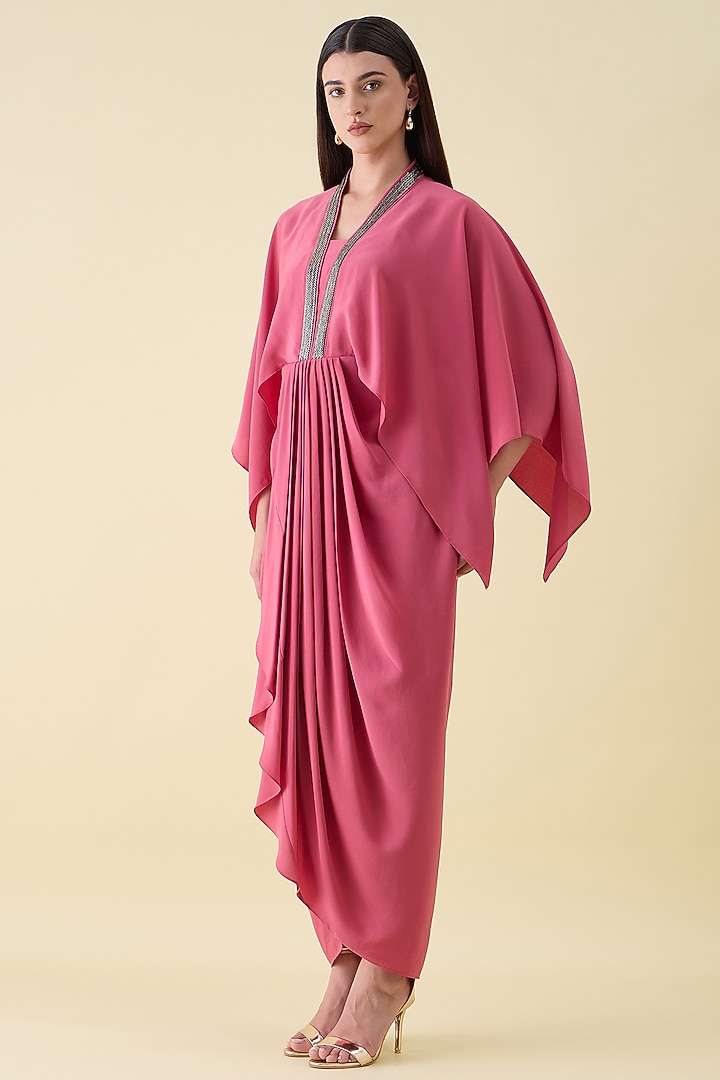 Pink Silk Crepe Embellished Draped Summer Dress by Aakaar at Pernia's Pop Up Shop