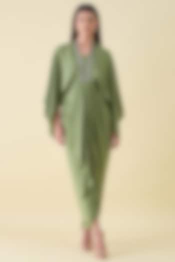Green Silk Crepe Embellished Draped Summer Dress by Aakaar at Pernia's Pop Up Shop