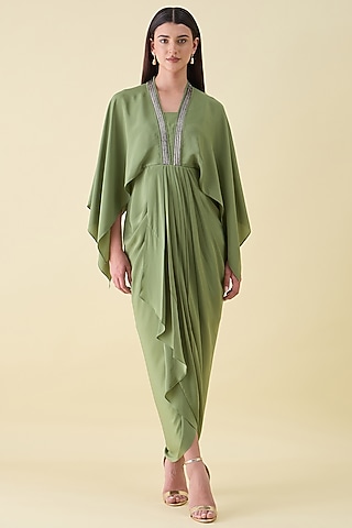 Green Silk Crepe Embellished Draped Dress by Aakaar