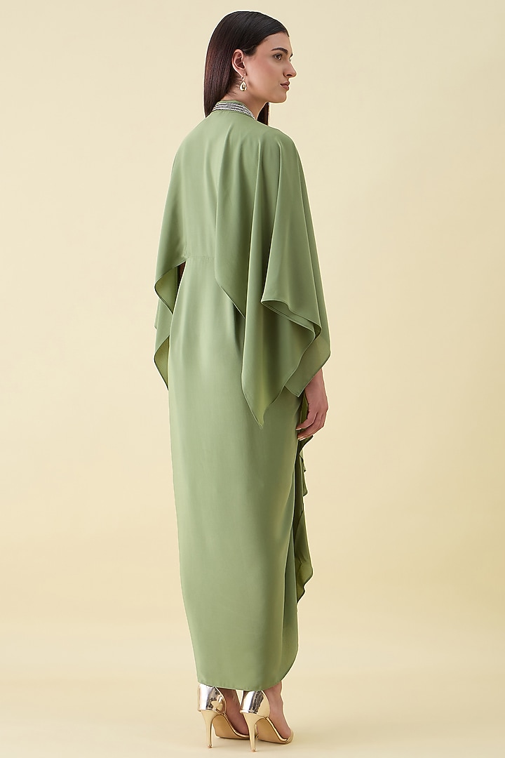 Green Silk Crepe Embellished Draped Summer Dress by Aakaar at Pernia's Pop Up Shop