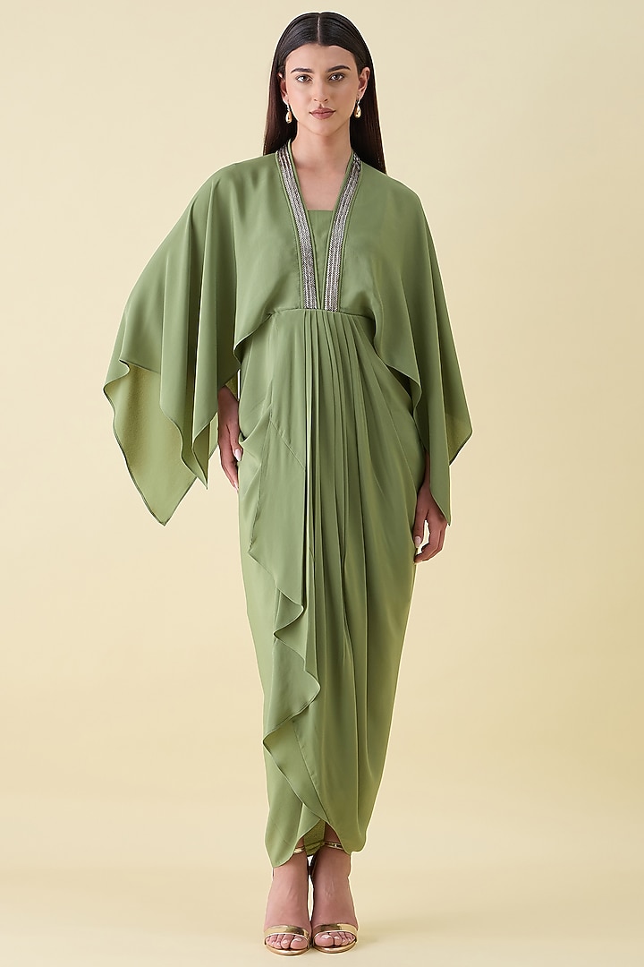 Green Silk Crepe Embellished Draped Summer Dress by Aakaar at Pernia's Pop Up Shop