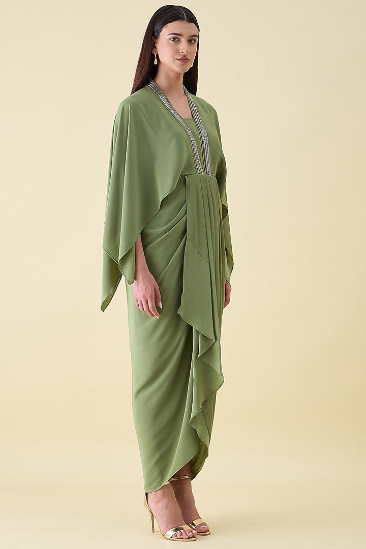 Green Silk Crepe Embellished Draped Summer Dress by Aakaar at Pernia's Pop Up Shop