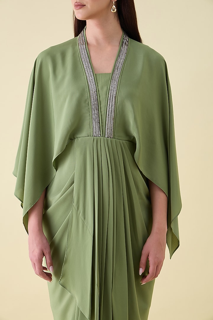 Green Silk Crepe Embellished Draped Summer Dress by Aakaar at Pernia's Pop Up Shop