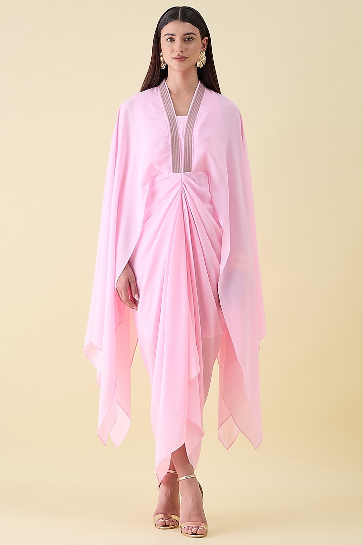 Pink Moss Crepe Embellished Draped Summer Dress by Aakaar at Pernia's Pop Up Shop