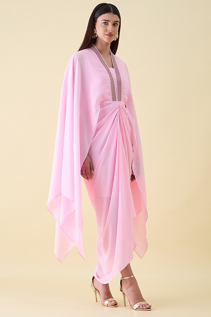 Pink Moss Crepe Embellished Draped Summer Dress by Aakaar at Pernia's Pop Up Shop