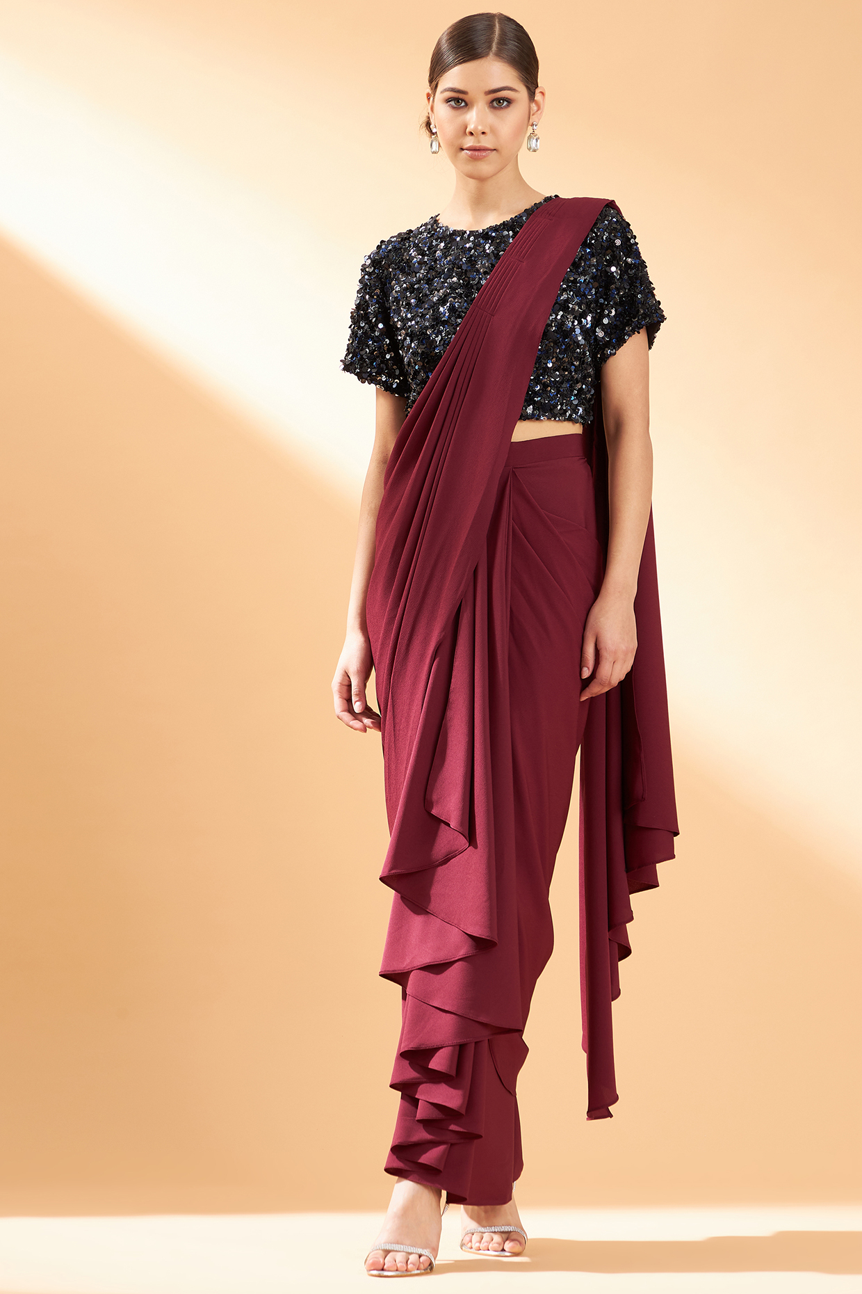 Maroon Moss Crepe Pre-Draped Party Wear Saree Set by Aakaar at Pernia's Pop Up Shop