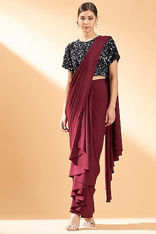Maroon Moss Crepe Pre-Draped Saree Set by Aakaar