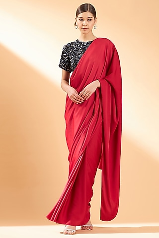 Maroon Satin Crepe Pre-Draped Saree Set by Aakaar