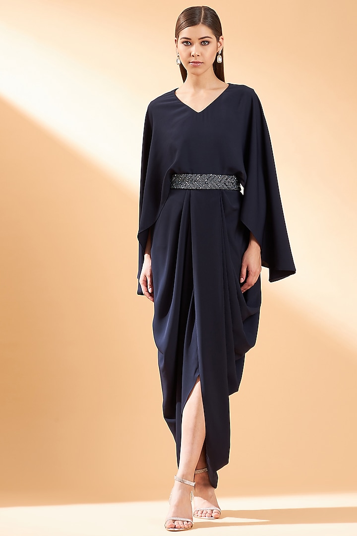 Navy Blue Moss Crepe Dress With Belt by Aakaar