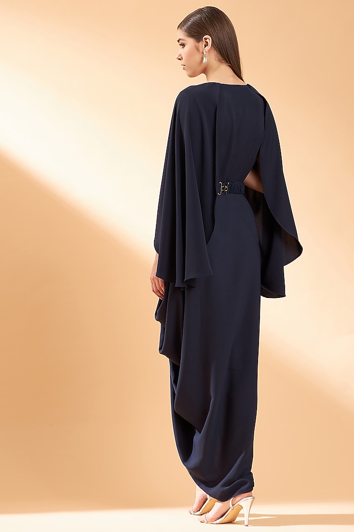 Navy Blue Moss Crepe Summer Dress With Belt by Aakaar at Pernia's Pop Up Shop