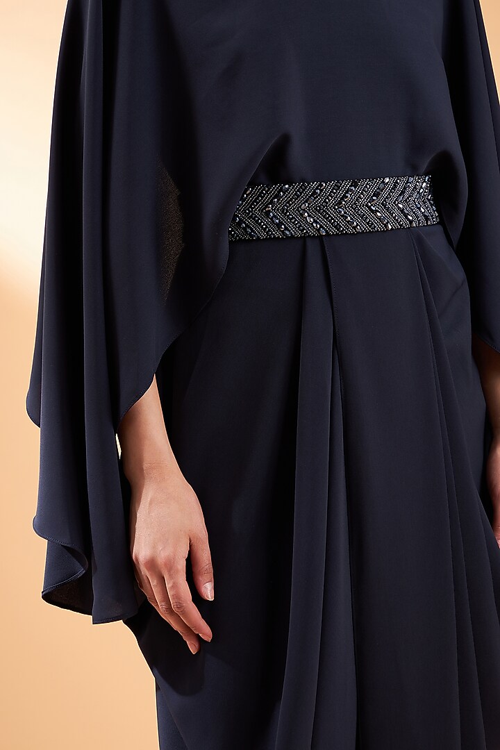 Navy Blue Moss Crepe Summer Dress With Belt by Aakaar at Pernia's Pop Up Shop