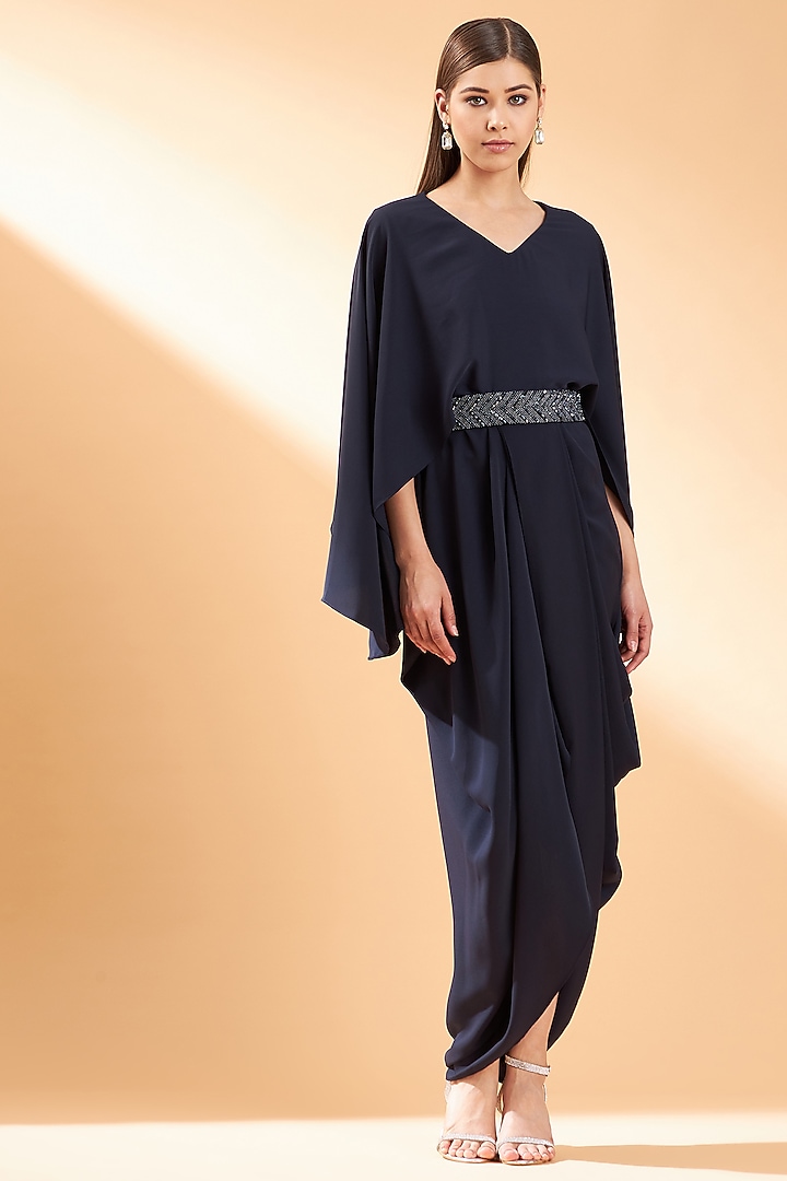 Navy Blue Moss Crepe Summer Dress With Belt by Aakaar at Pernia's Pop Up Shop