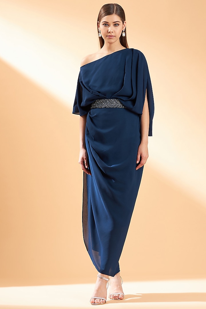 Sapphire Blue Moss Crepe Dress by Aakaar