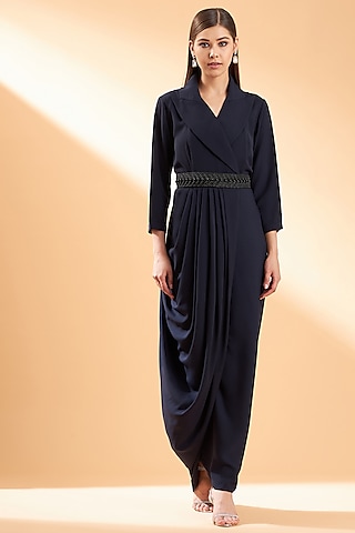 Navy Blue Moss Crepe Maxi Dress With Belt by Aakaar