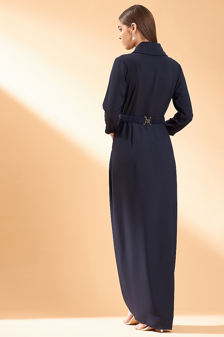 Navy Blue Moss Crepe Maxi Summer Dress With Belt by Aakaar at Pernia's Pop Up Shop