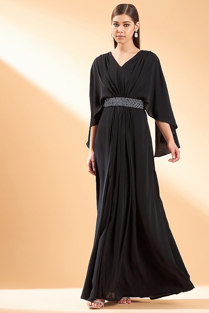 Black Silk Crepe Maxi Dress by Aakaar