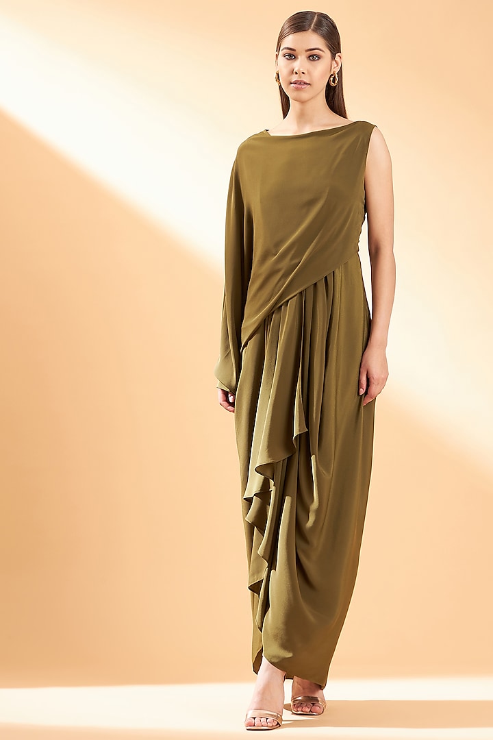 Olive Green Silk Crepe Dress by Aakaar