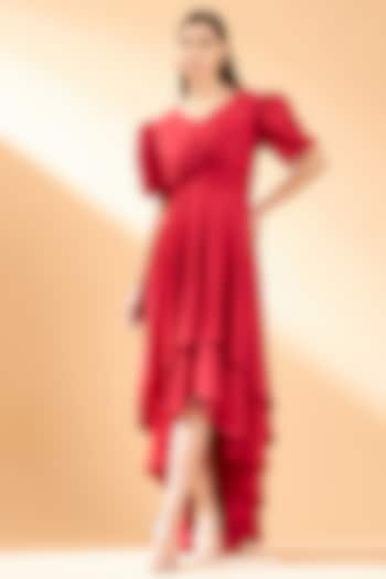 Red Satin Crepe Layered Dress by Aakaar at Pernia's Pop Up Shop