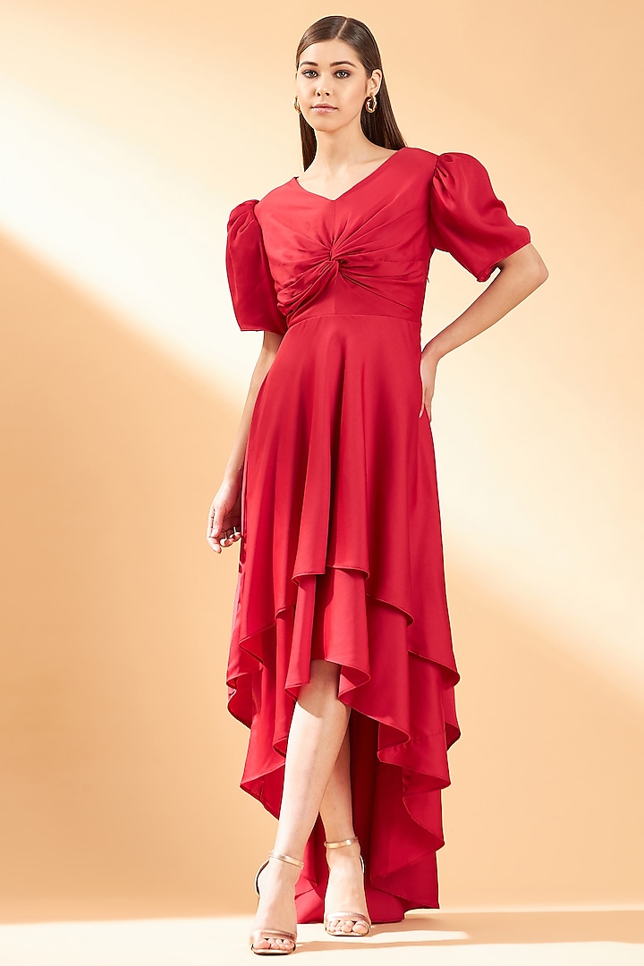 Red Satin Crepe Layered Dress by Aakaar