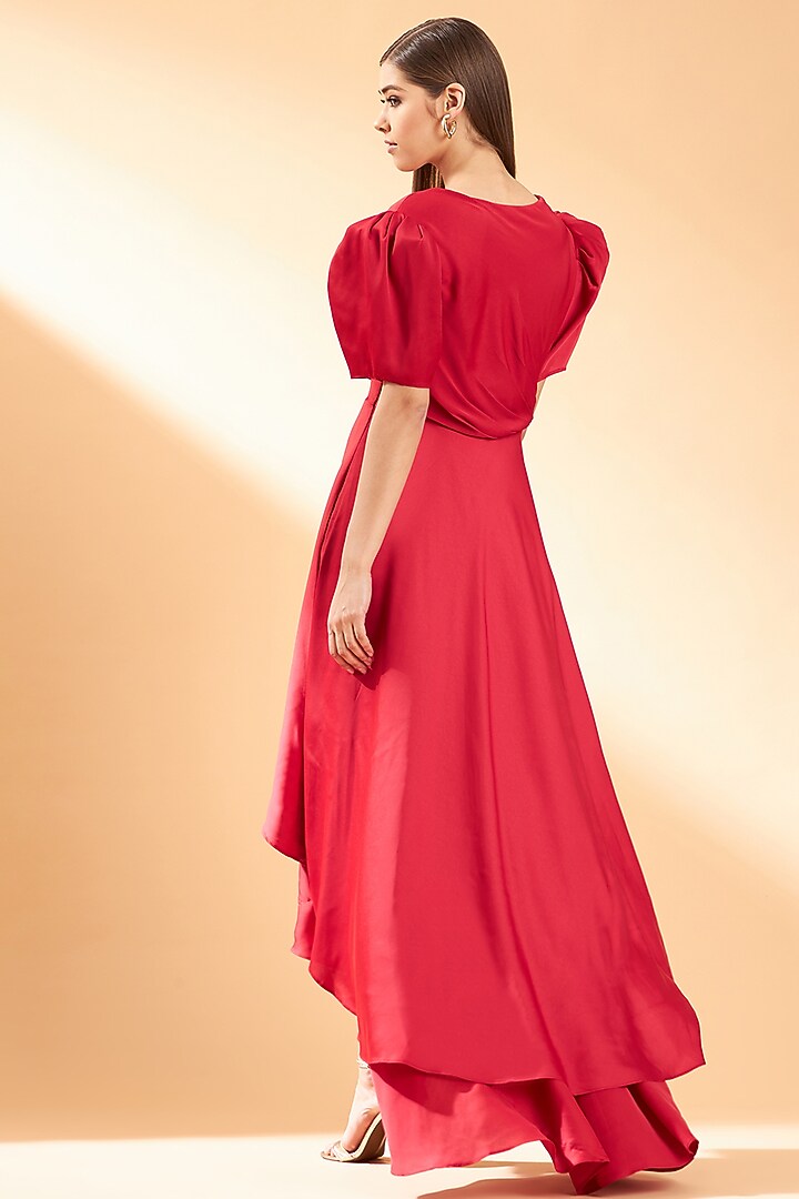 Red Satin Crepe Layered Summer Dress by Aakaar at Pernia's Pop Up Shop