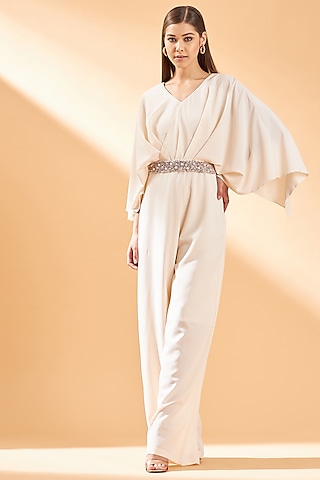 Ecru Colored Moss Crepe Jumpsuit With Belt by Aakaar
