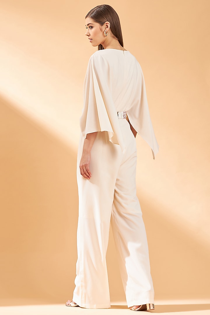 Ecru Colored Moss Crepe Jumpsuit With Belt by Aakaar at Pernia's Pop Up Shop