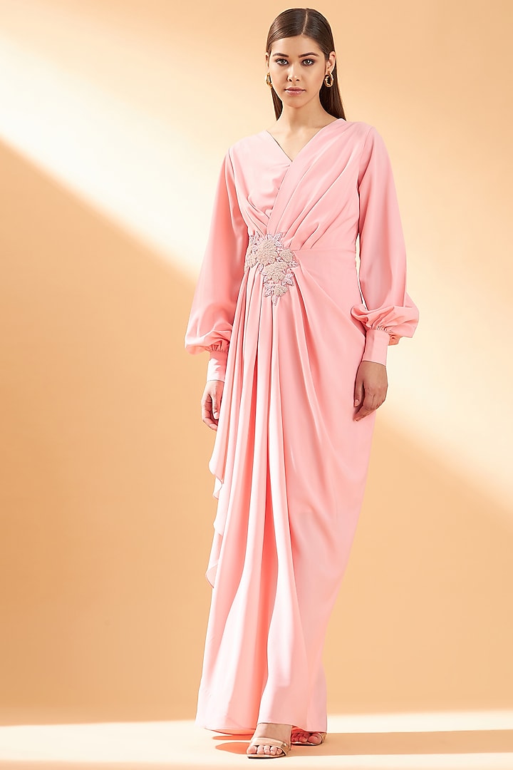 Cherry Blossom Pink Moss Crepe Maxi Dress by Aakaar