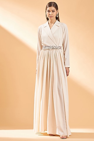 Ecru Colored Jumpsuit With Embroidered Belt by Aakaar