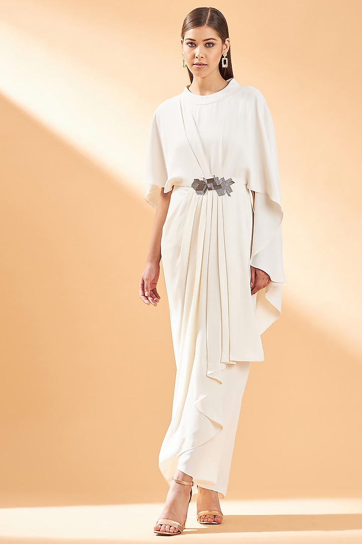 Cream Embroidered Pleated Dress by Aakaar