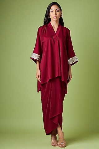 Maroon Cotton Silk Embroidered Tunic Set by Aakaar