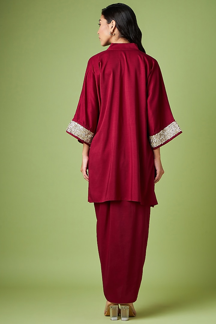 Maroon Cotton Silk Embroidered Tunic Set by Aakaar at Pernia's Pop Up Shop