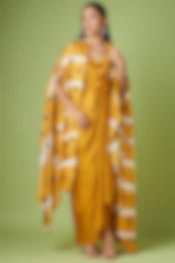 Mustard Matka Silk Embroidered Jacket Dress by Aakaar