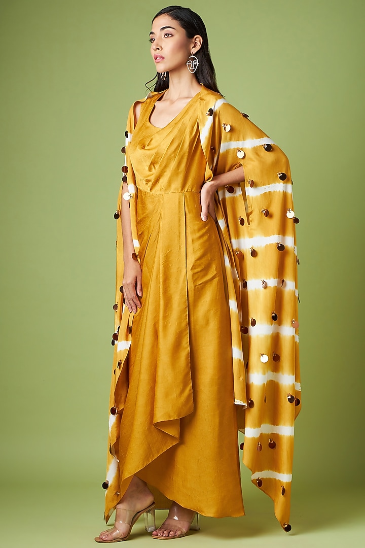 Mustard Matka Silk Embroidered Jacket Summer Dress by Aakaar at Pernia's Pop Up Shop