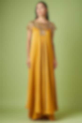 Mustard Matka Silk Embellished Maxi Dress by Aakaar