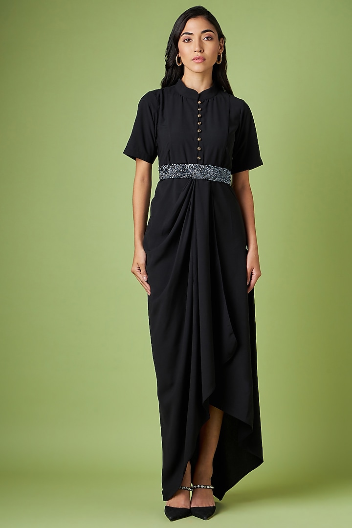 Black Moss Crepe Draped Dress With Belt by Aakaar