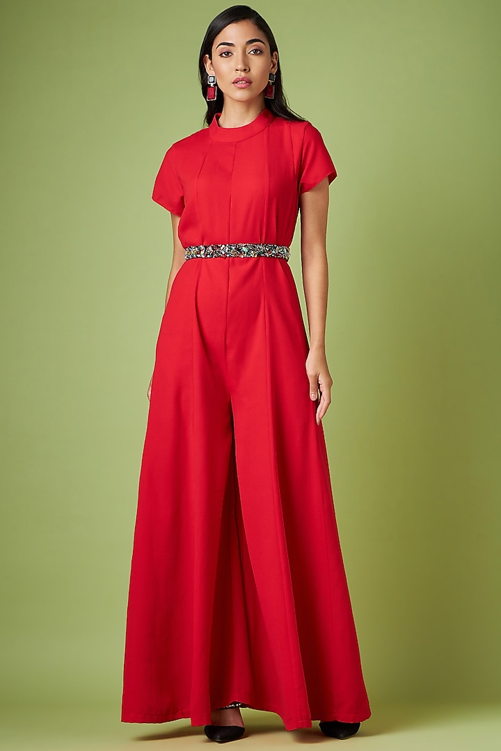 Red Moss Crepe Jumpsuit With Belt by Aakaar