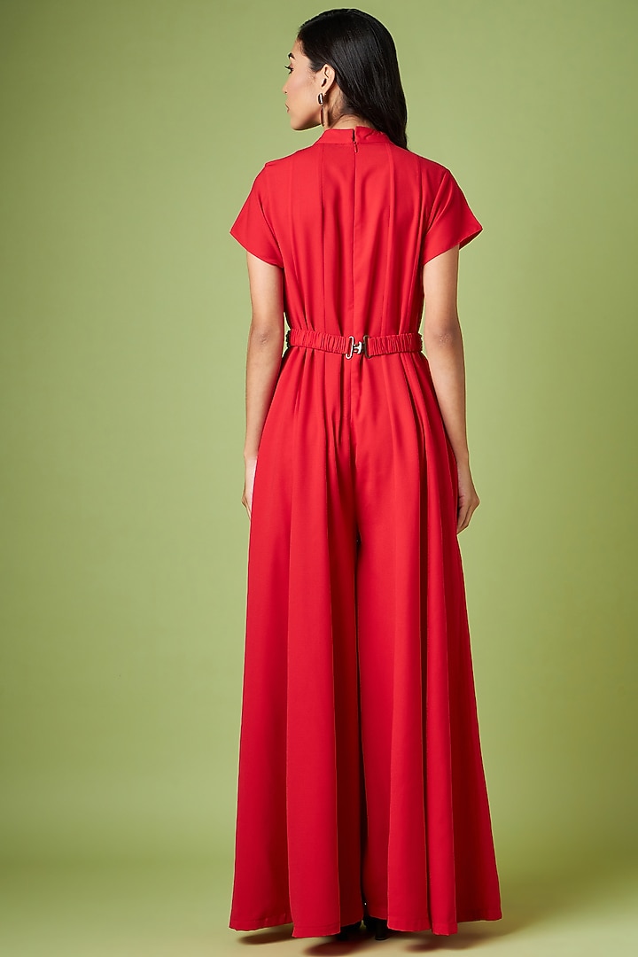 Red Moss Crepe Jumpsuit With Belt by Aakaar at Pernia's Pop Up Shop