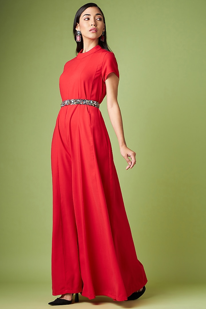 Red Moss Crepe Jumpsuit With Belt by Aakaar at Pernia's Pop Up Shop