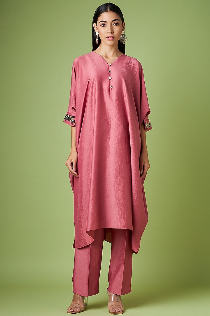 Pink Cotton Silk Embellished Kaftan Set by Aakaar