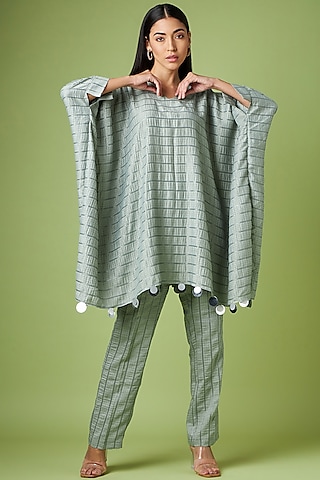 Grey Cotton Silk Jacquard Embellished Kaftan Set by Aakaar