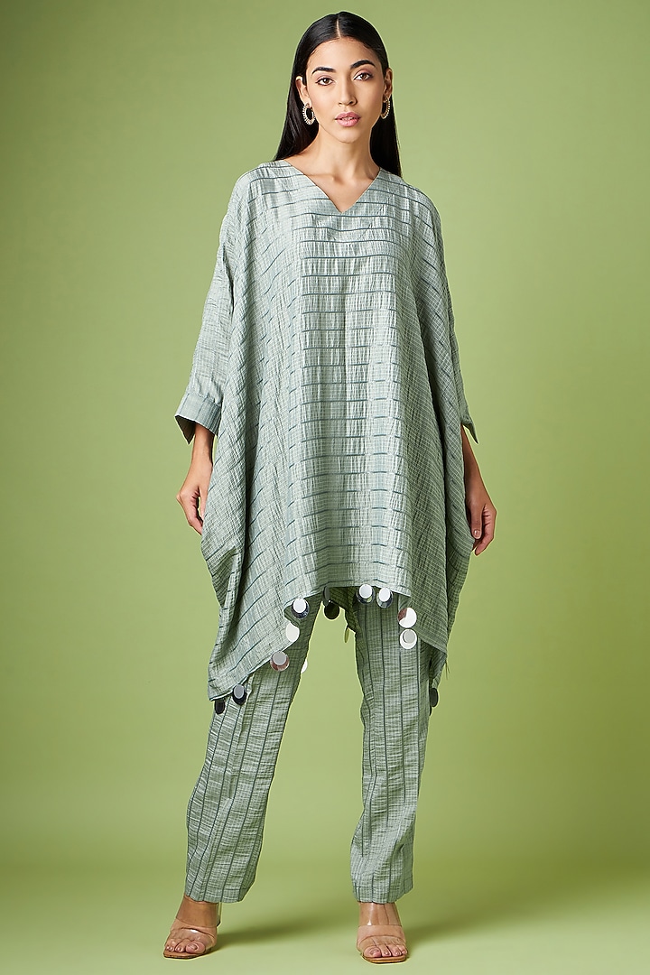 Grey Cotton Silk Jacquard Embellished Kaftan Set by Aakaar at Pernia's Pop Up Shop
