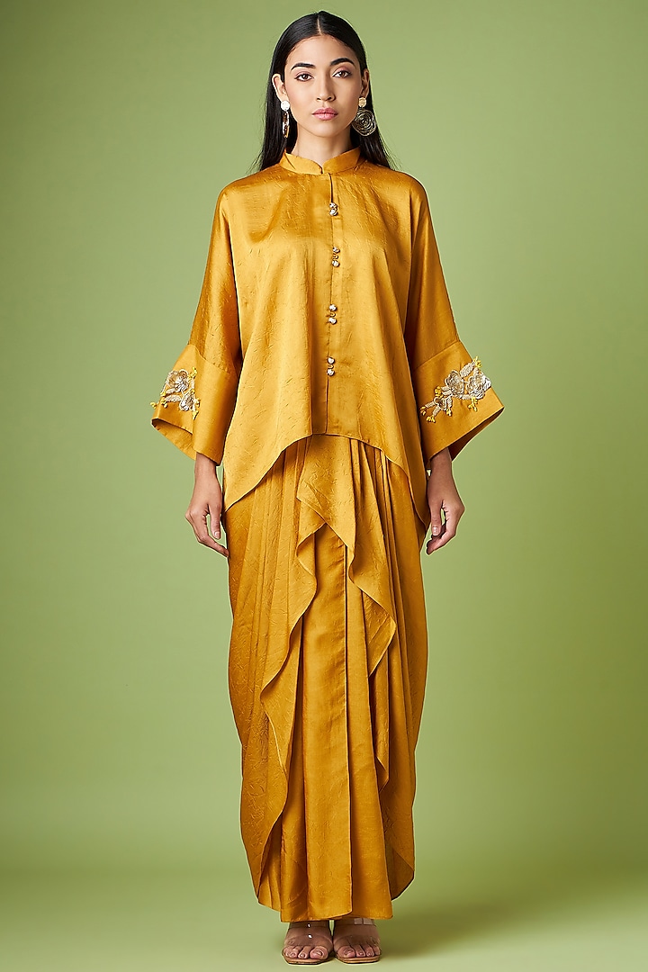 Mustard Matka Silk Embellished Skirt Set by Aakaar