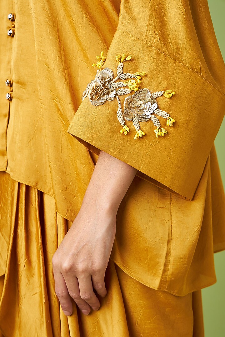 Mustard Matka Silk Embellished Skirt Set by Aakaar at Pernia's Pop Up Shop