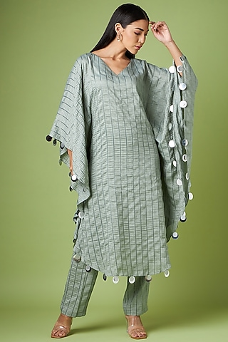 Grey Cotton Silk Jacquard Embellished Kaftan Set by Aakaar
