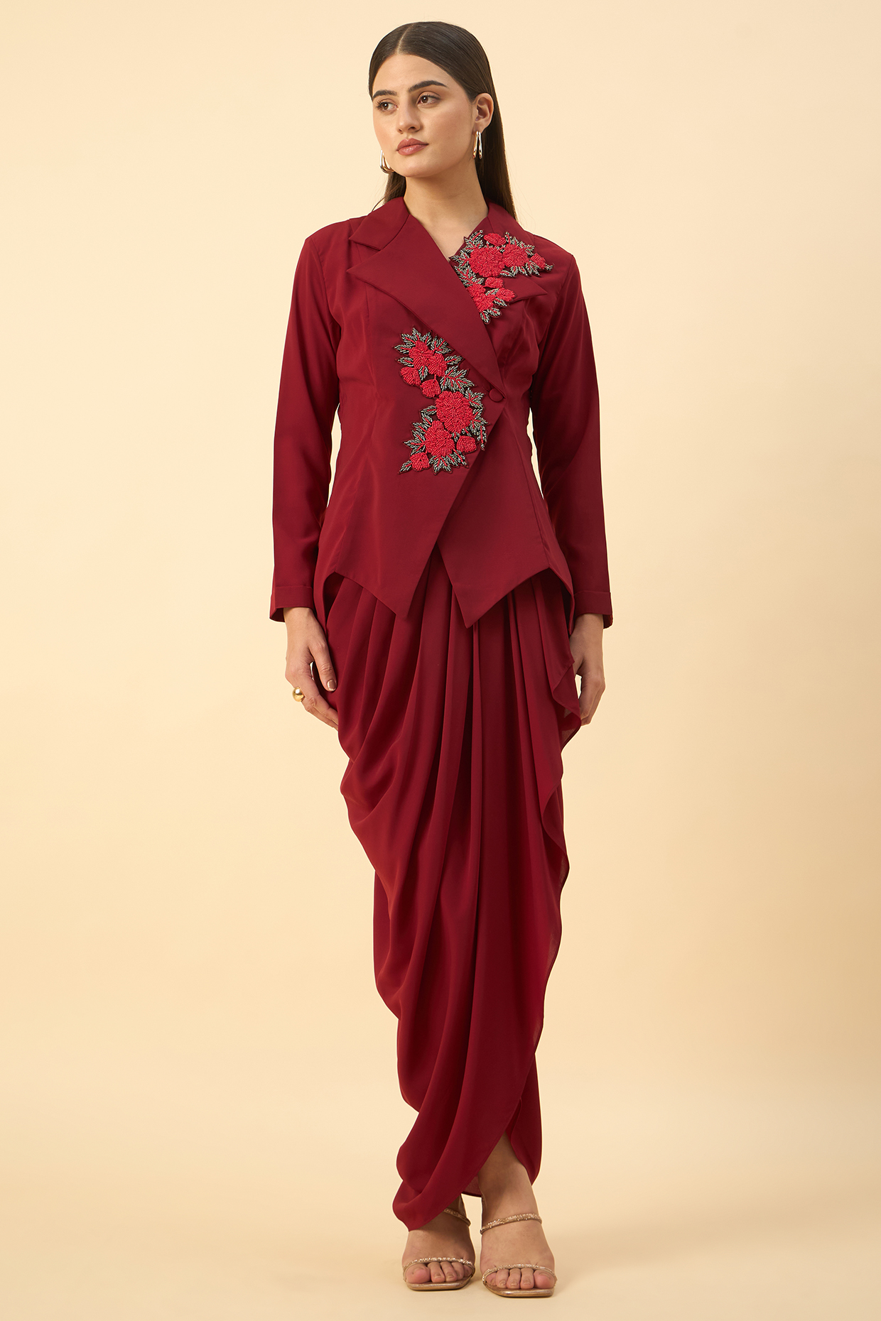 Red Moss Crepe Dhoti Set by Aakaar at Pernia's Pop Up Shop