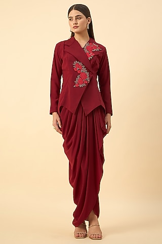 Red Moss Crepe Dhoti Set by Aakaar