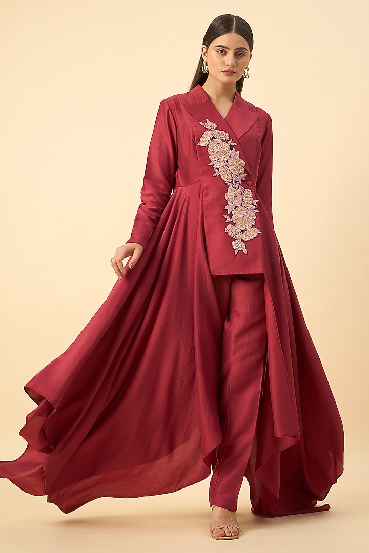 Crimson Red Cotton Silk Floral Embroidered Handkerchief Blazer Tunic Set by Aakaar at Pernia's Pop Up Shop